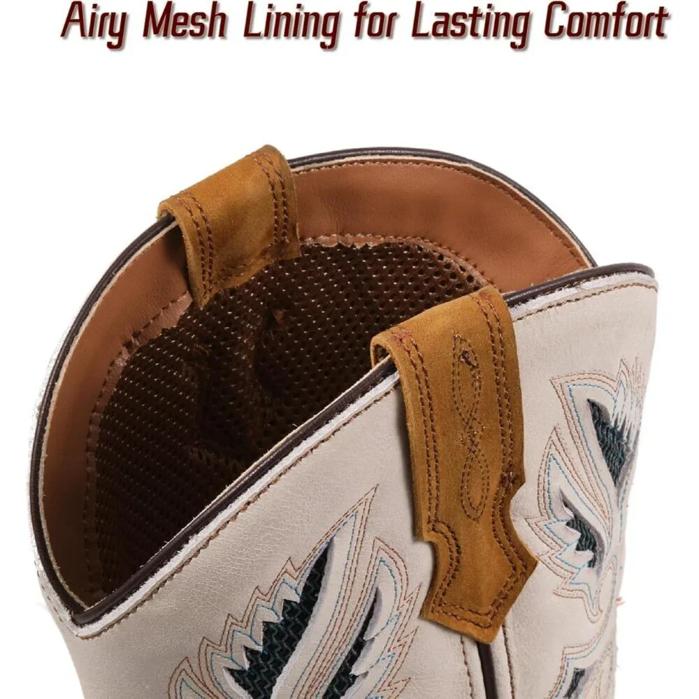 Men’s Tan White Square Toe Leather Boots Durable 10-inch Pull-on Wellington Boot